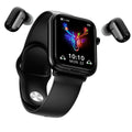 Black zinc alloy smartwatch with 1.69-inch touch screen and integrated wireless Bluetooth earpieces in charging case.
