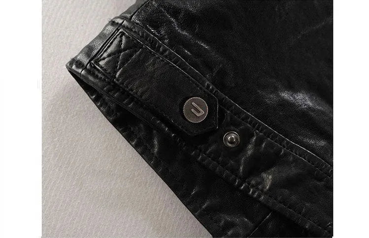 Men's genuine leather slim-fit motorcycle jacket in black cowhide, zipper closure, front view