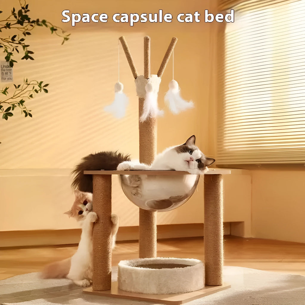 Wooden cat climbing frame with integrated space capsule design in wood colour