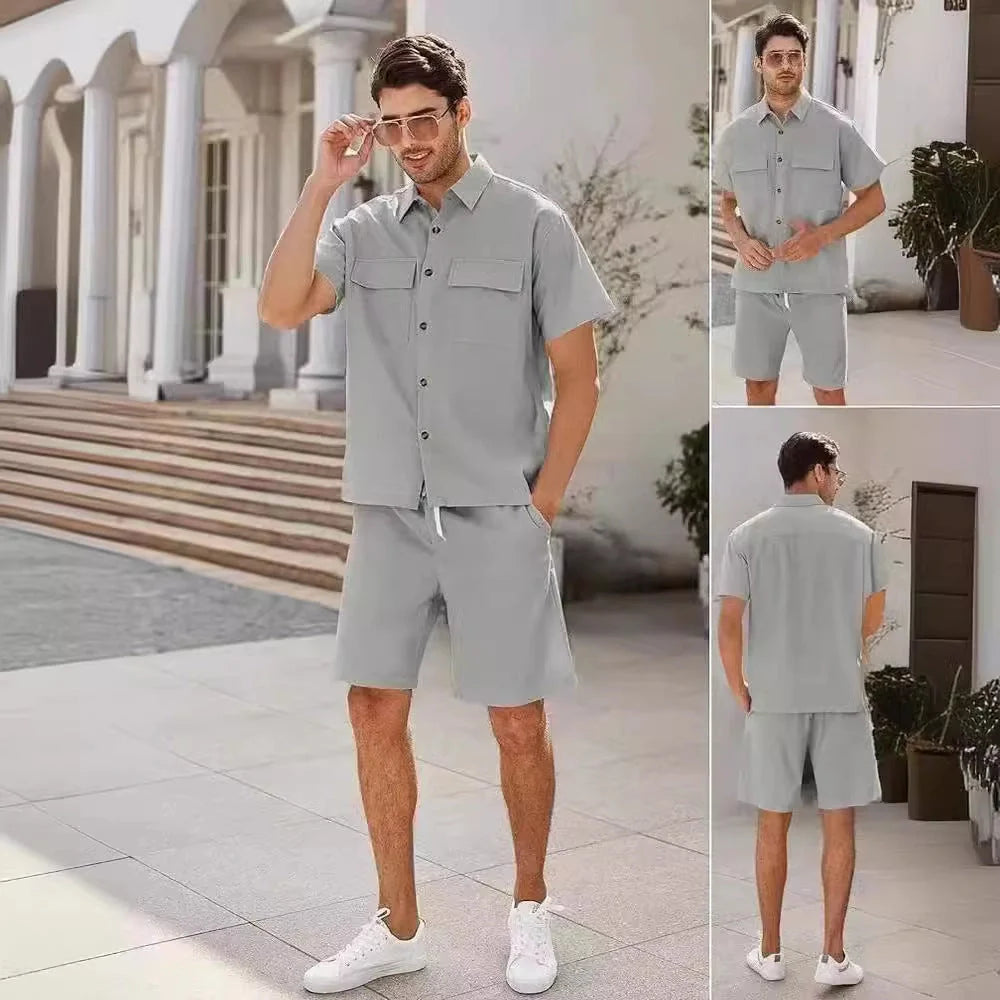 Men's summer suit set with short sleeve lapel shirt and drawstring shorts in linen-cotton blend