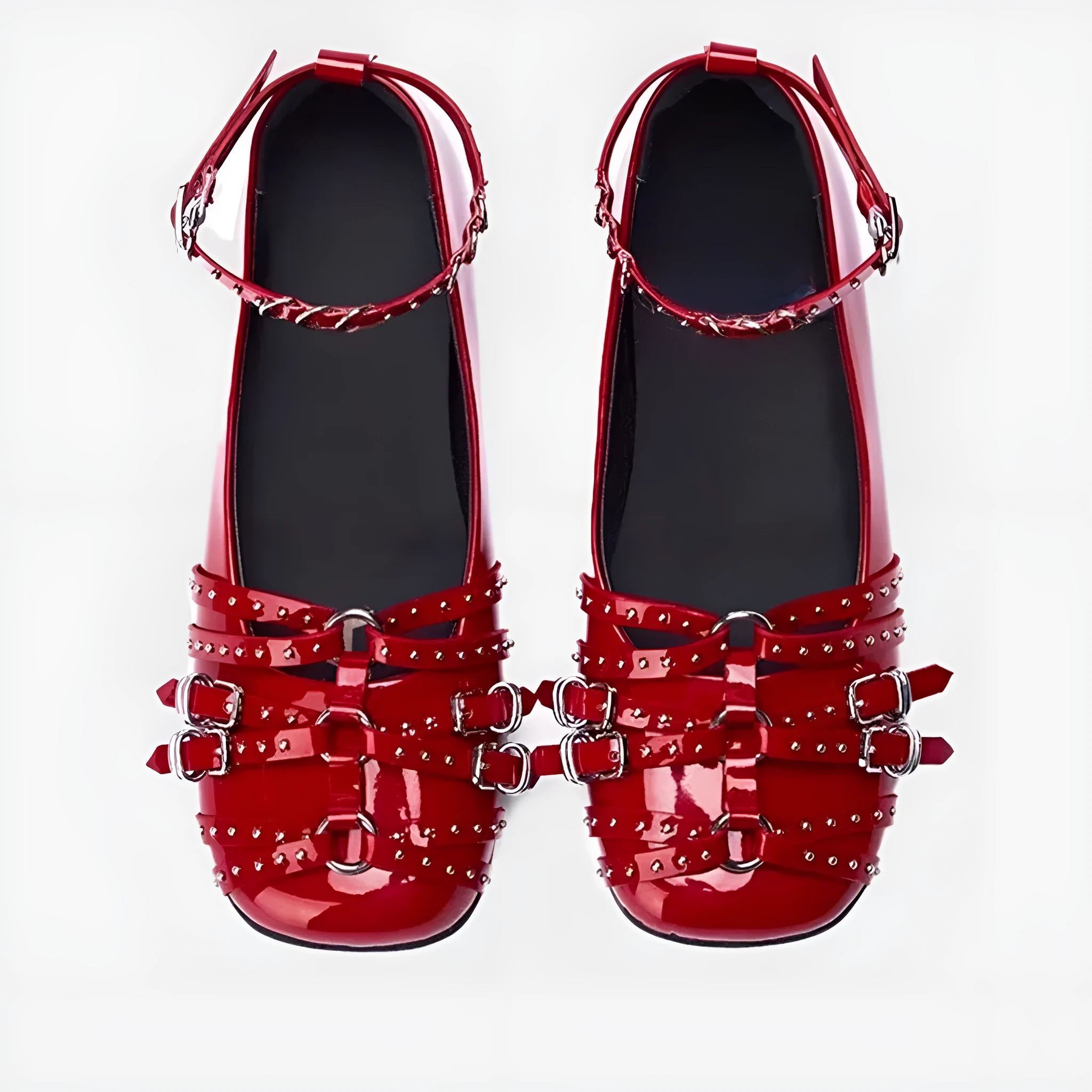 Women's black genuine patent leather retro pumps with a buckle and square toe on a low flat heel.