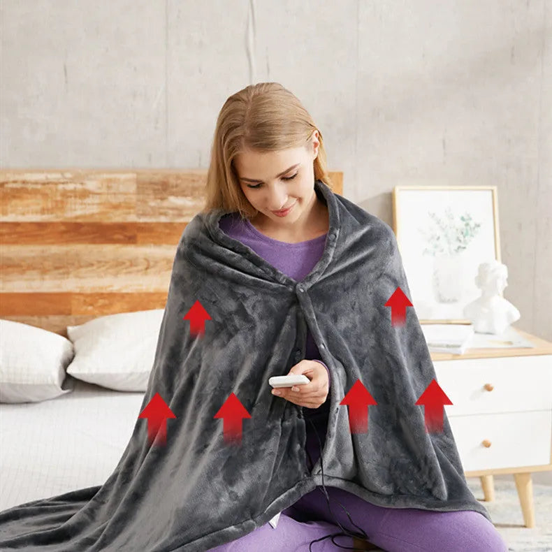 Dark grey USB electric heated blanket made from coral fleece, shown with a USB cable.