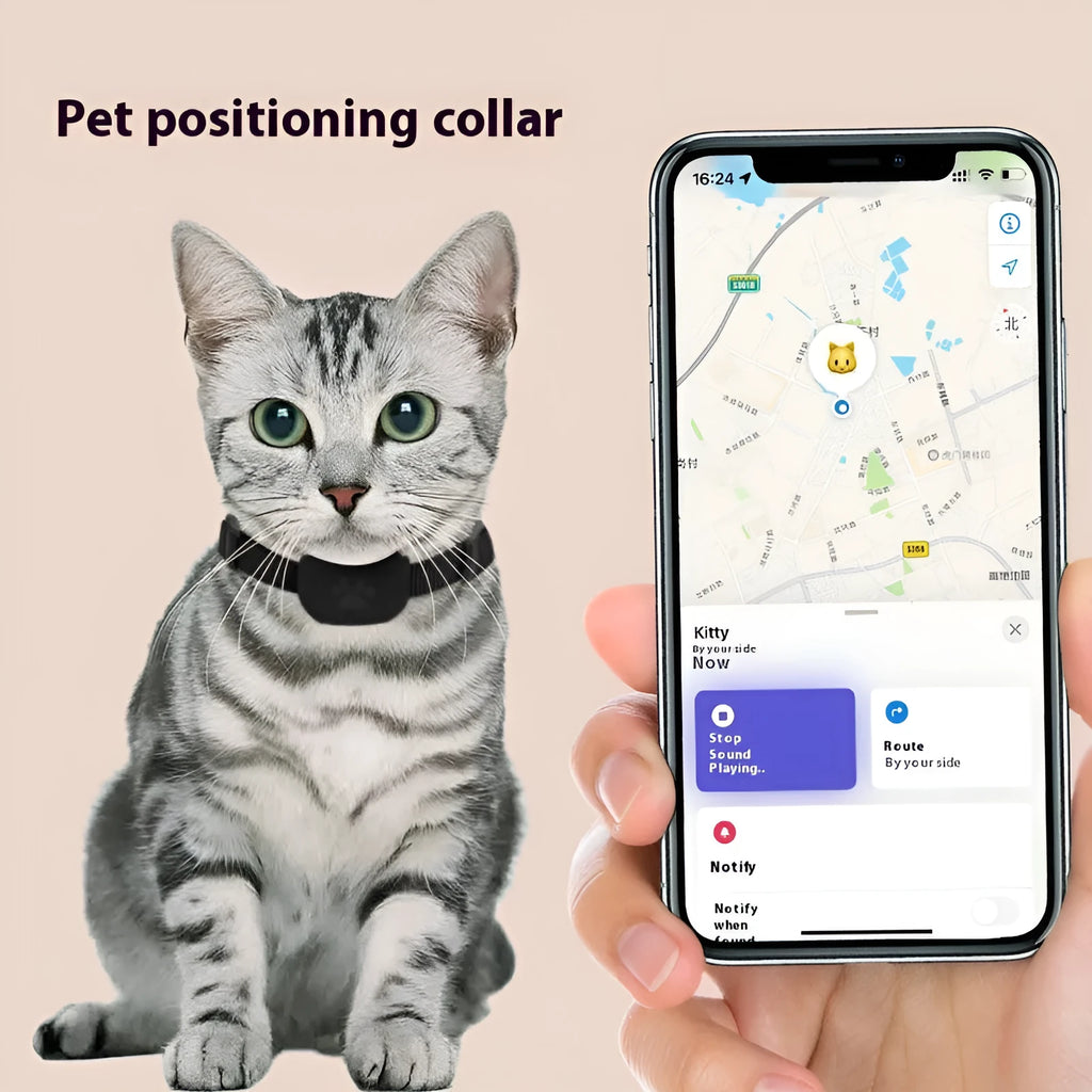 Black pet positioning collar with Bluetooth tracker on adjustable strap for cats and puppies