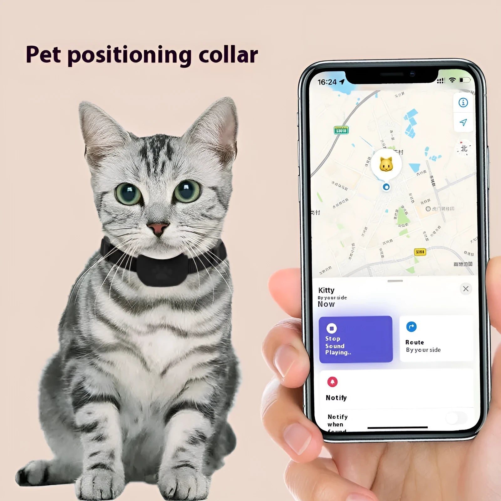 Black pet positioning collar with Bluetooth tracker on adjustable strap for cats and puppies