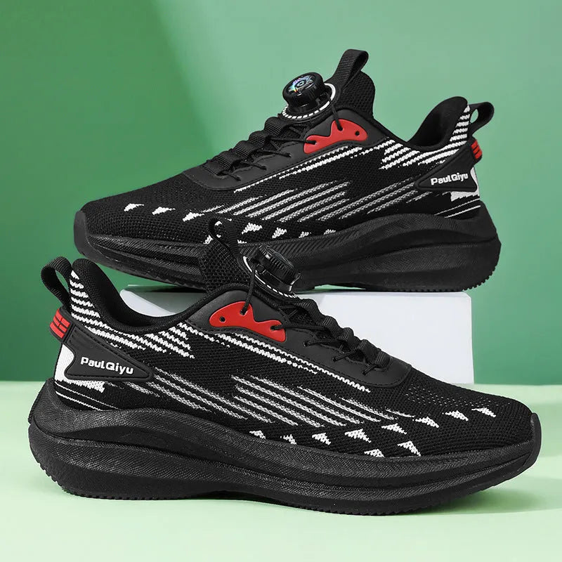 Men's white-green and grey fly-kit mesh running shoes with a rotating buckle lace-up and flat heel
