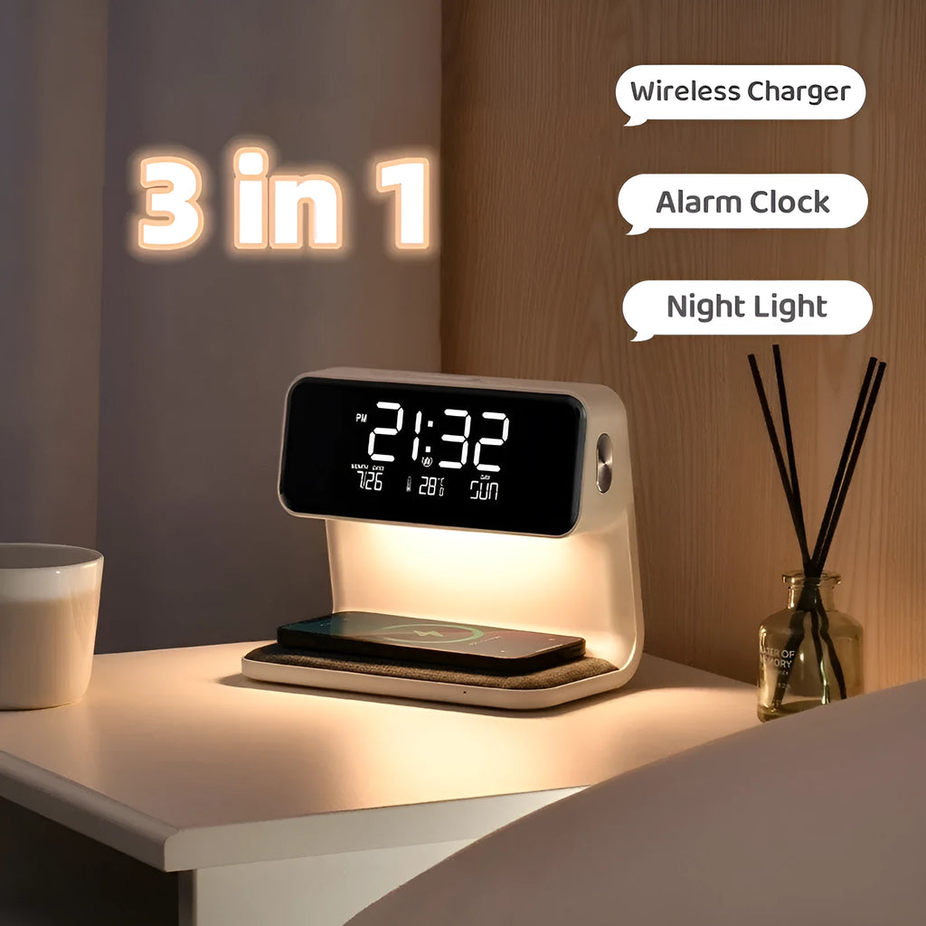 White 3-in-1 bedside lamp with wireless charging pad, LCD alarm clock screen, and touch-sensitive dimming control.