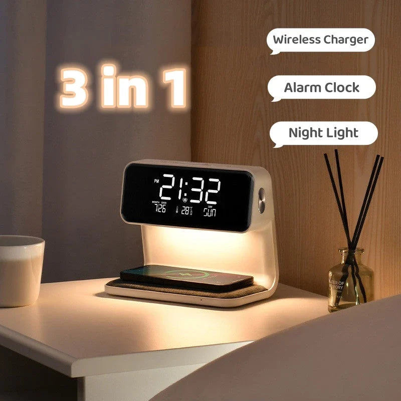 Wireless charging bedside lamp with alarm clock and phone charging capabilities