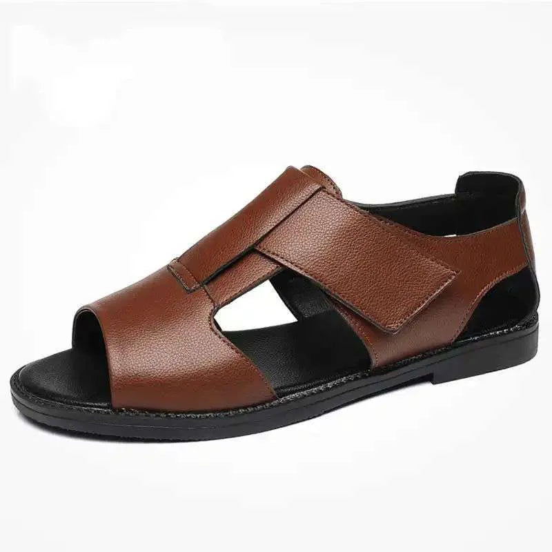 Men's black and brown casual leather sandals with open-toe design and rubber soles