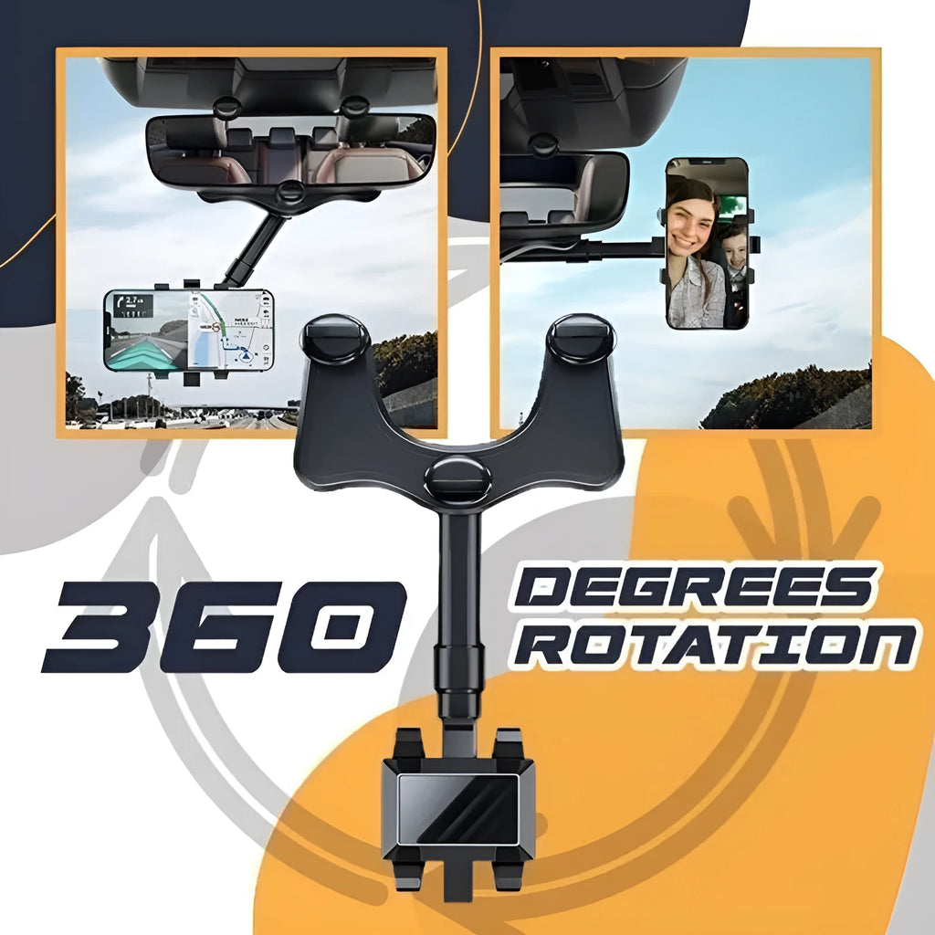 Black rearview mirror car phone holder with four-claw grip and adjustable arm mounted on a car mirror.