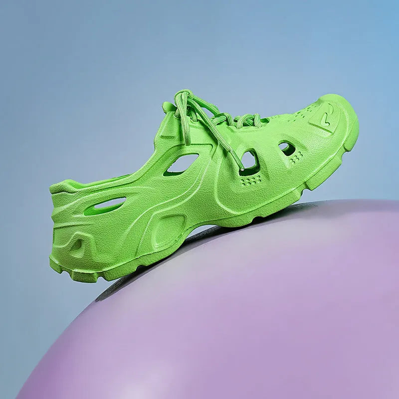 Pair of bright fluorescent green EVA sandals with a thick sole, shown on a neutral background.