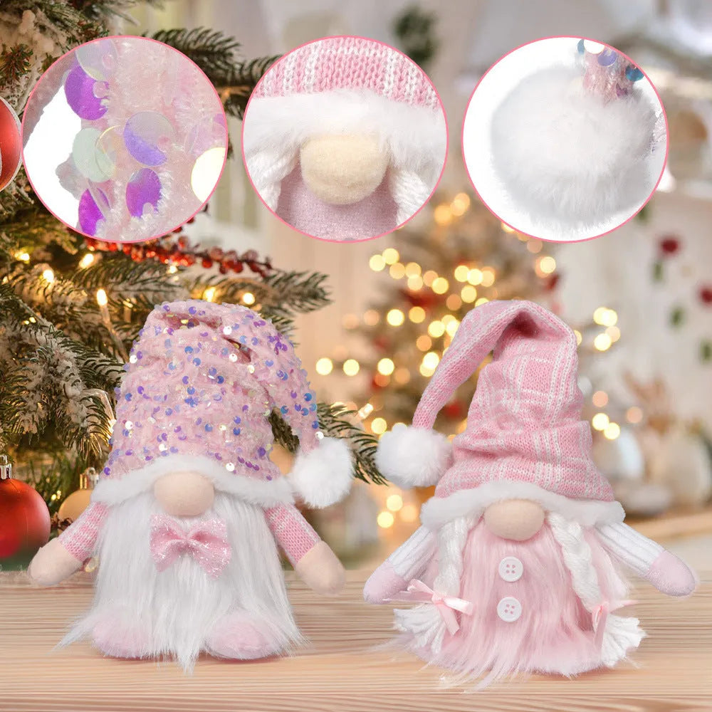 Christmas doll with knitted sequins and luminous glow in pink button ground essence colour, cloth material, cartoon-style plush ornament