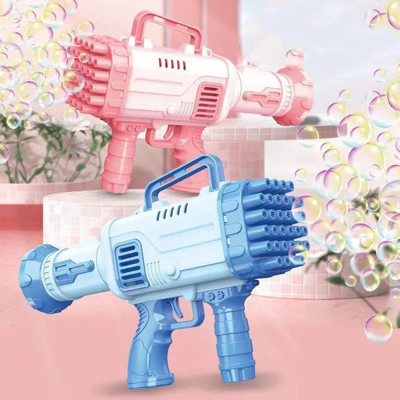 32-hole electric bubble machine in cherry pink or sky blue colours for children's outdoor play