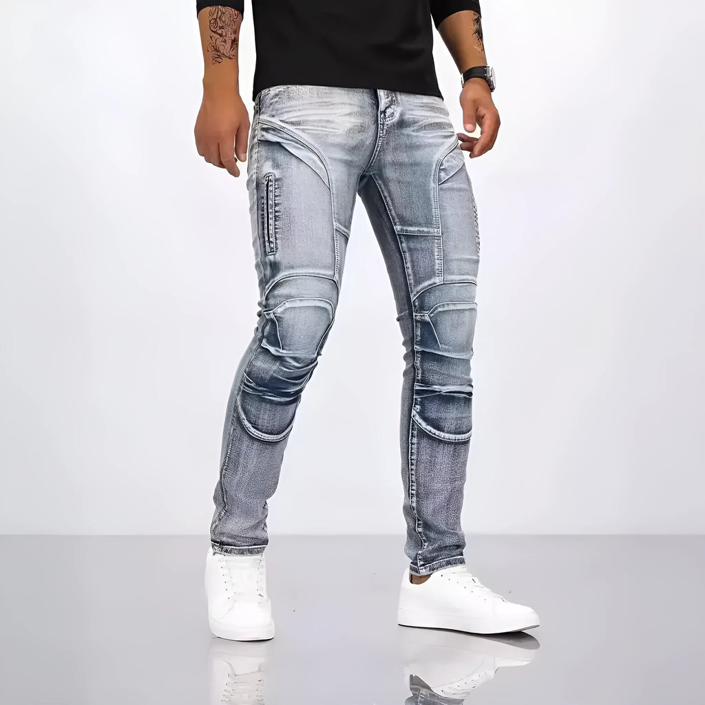 Retro casual stretch motorcycle jeans for men in light blue cotton denim, mid waist skinny fit with zip placket