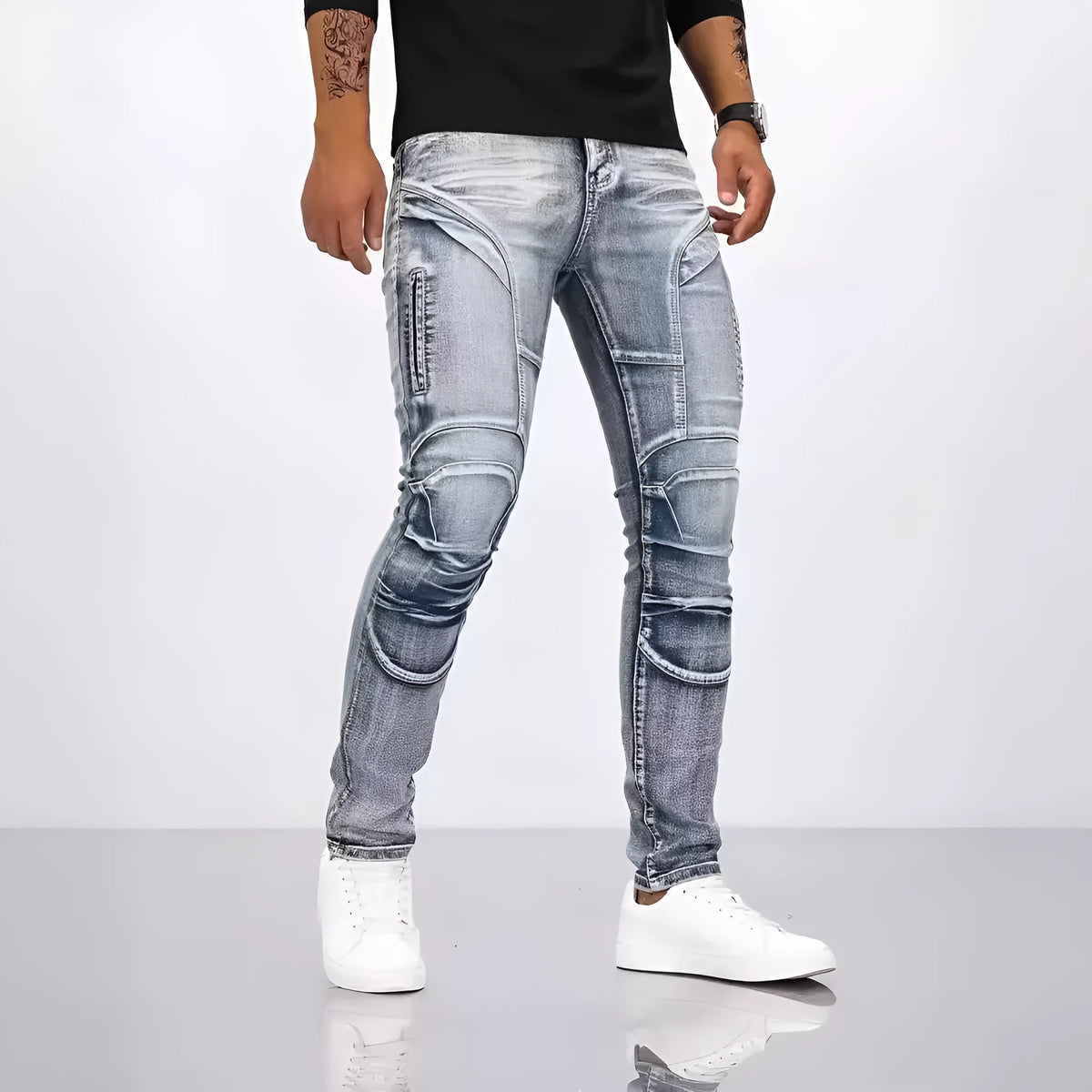 Retro casual stretch motorcycle jeans for men in light blue cotton denim, mid waist skinny fit with zip placket