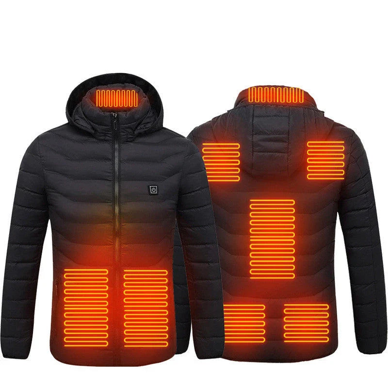 Heated puffer jacket with 9 heating zones, adjustable hood, and insulation for skiing in cold weather