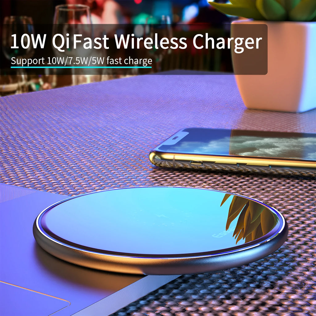 Black or white 15W fast wireless charging pad with LED light and aluminium alloy finish.