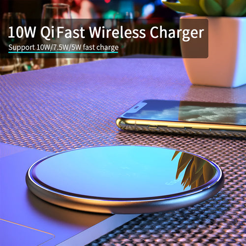Black or white 15W fast wireless charging pad with LED light and aluminium alloy finish.