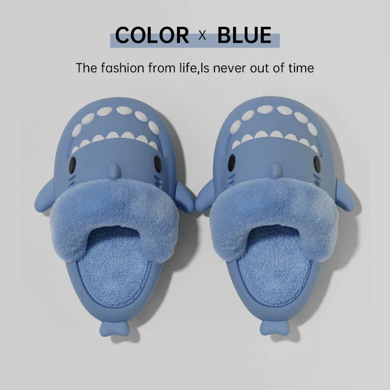 Cozy shark-inspired slippers in various colors, featuring plush, fuzzy material and durable non-slip soles