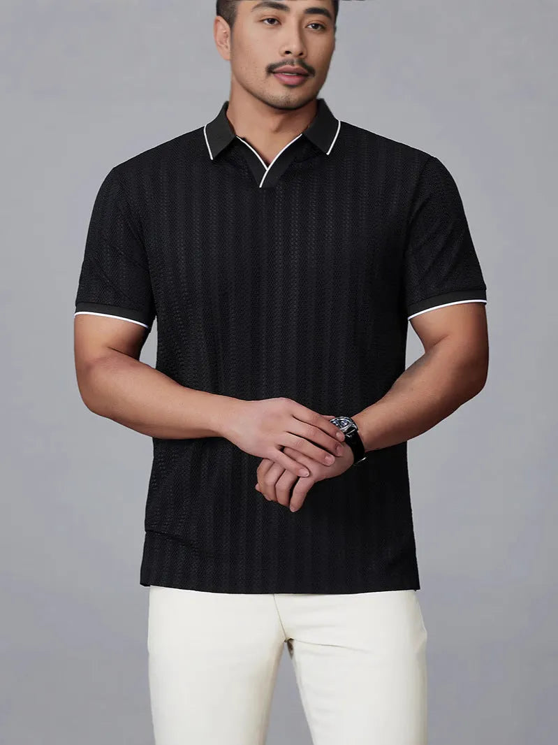 Men's loose-fitting short-sleeved polo shirt in thin nylon ice silk fabric, shown in black colour.