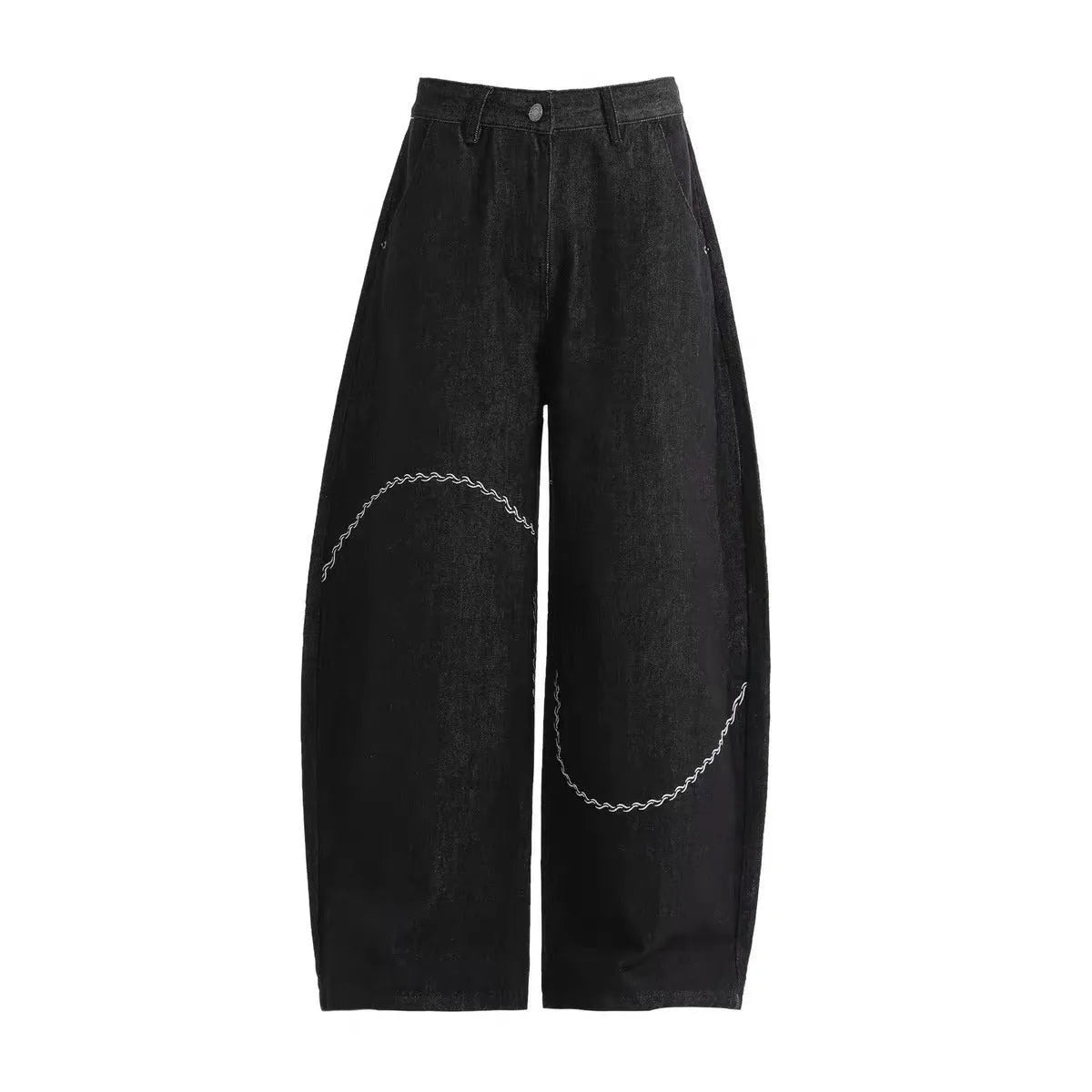 Black straight-leg polyester denim trousers with a zip fly and micro-elastic waistband.