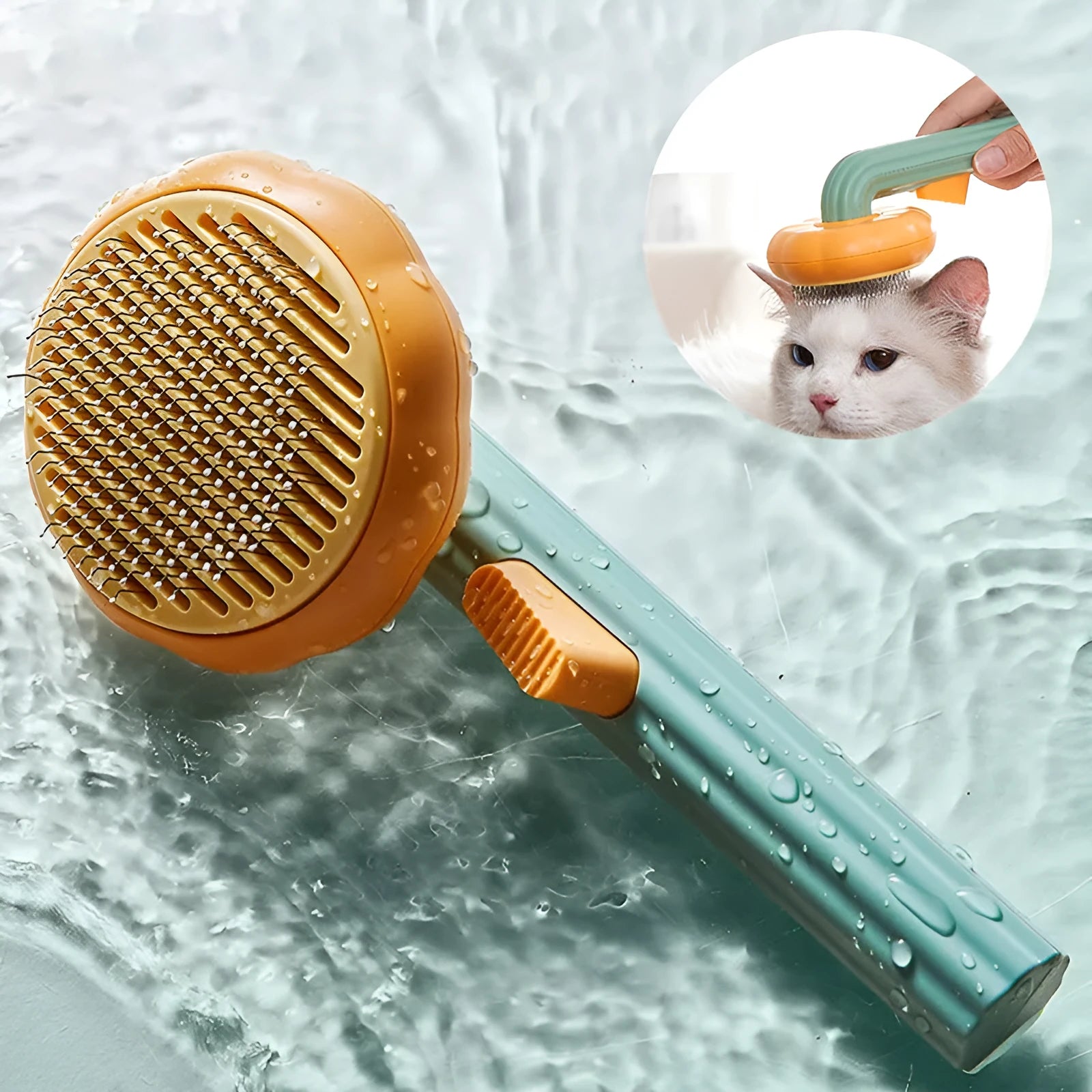 Pumpkin coloured pet grooming brush with curved stainless steel needles for hair removal