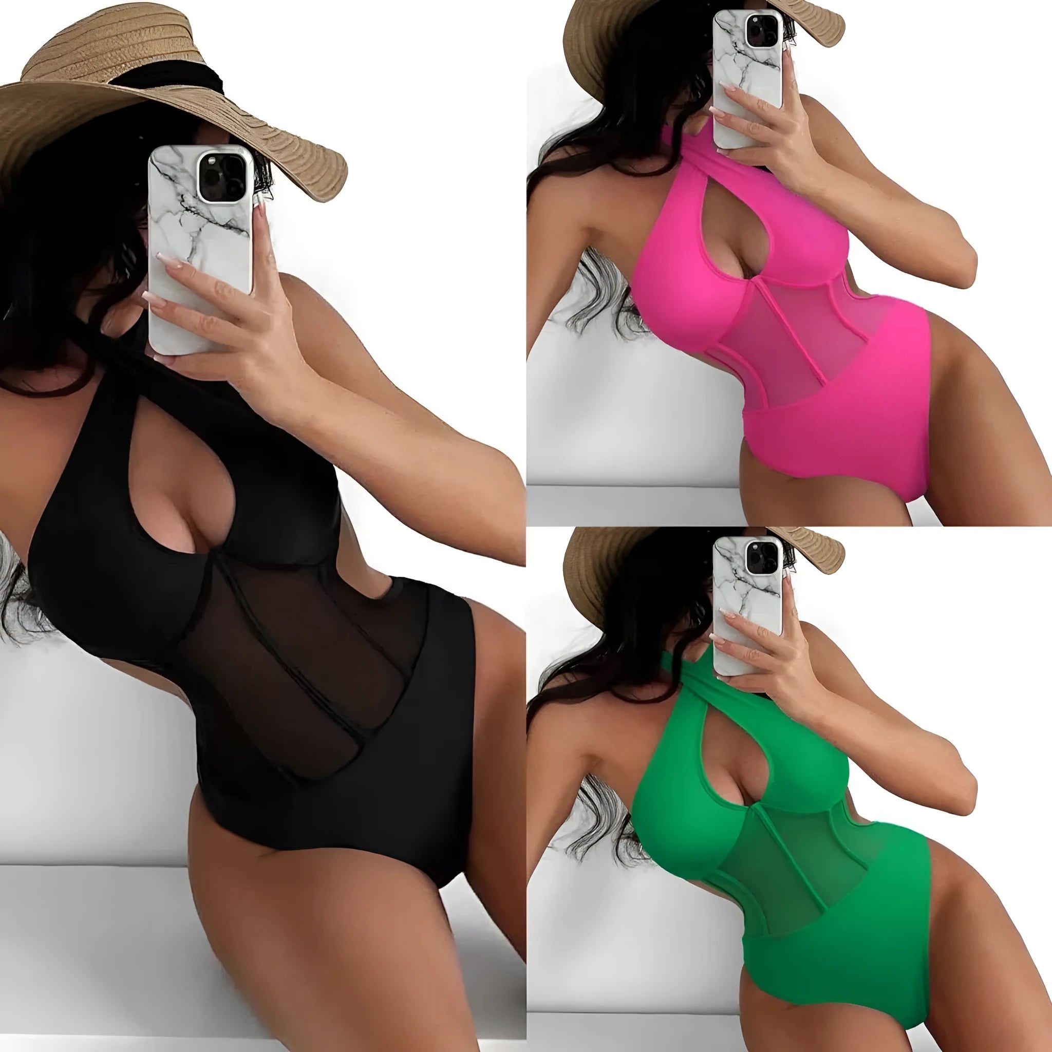 Women's black one-piece swimsuit bikini made from nylon and spandex fabric on mannequin