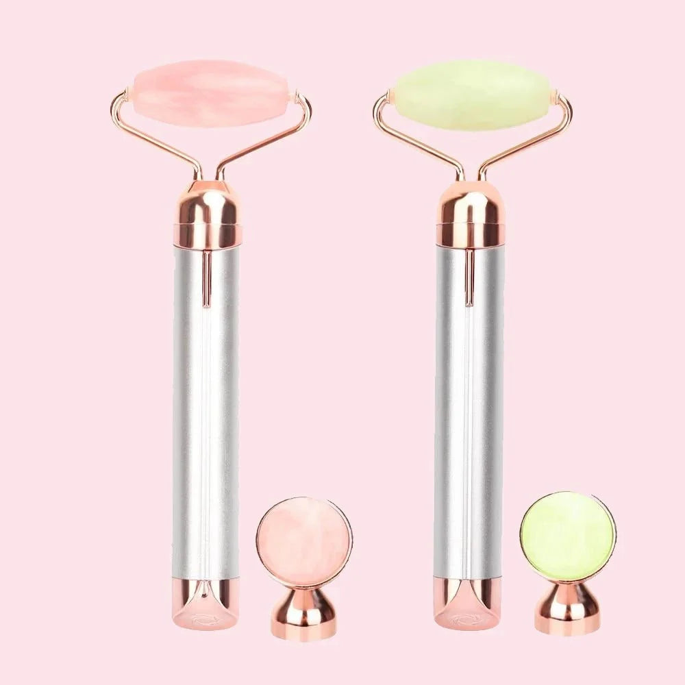 Electric Vibrating Natural Rose Quartz Jade Facial Roller with dual attachments for comprehensive skincare