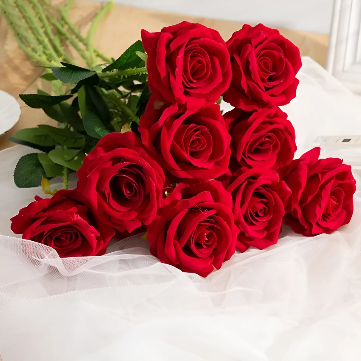 Artificial red rose bouquet 48cm long with silk cloth flower heads about 7cm diameter