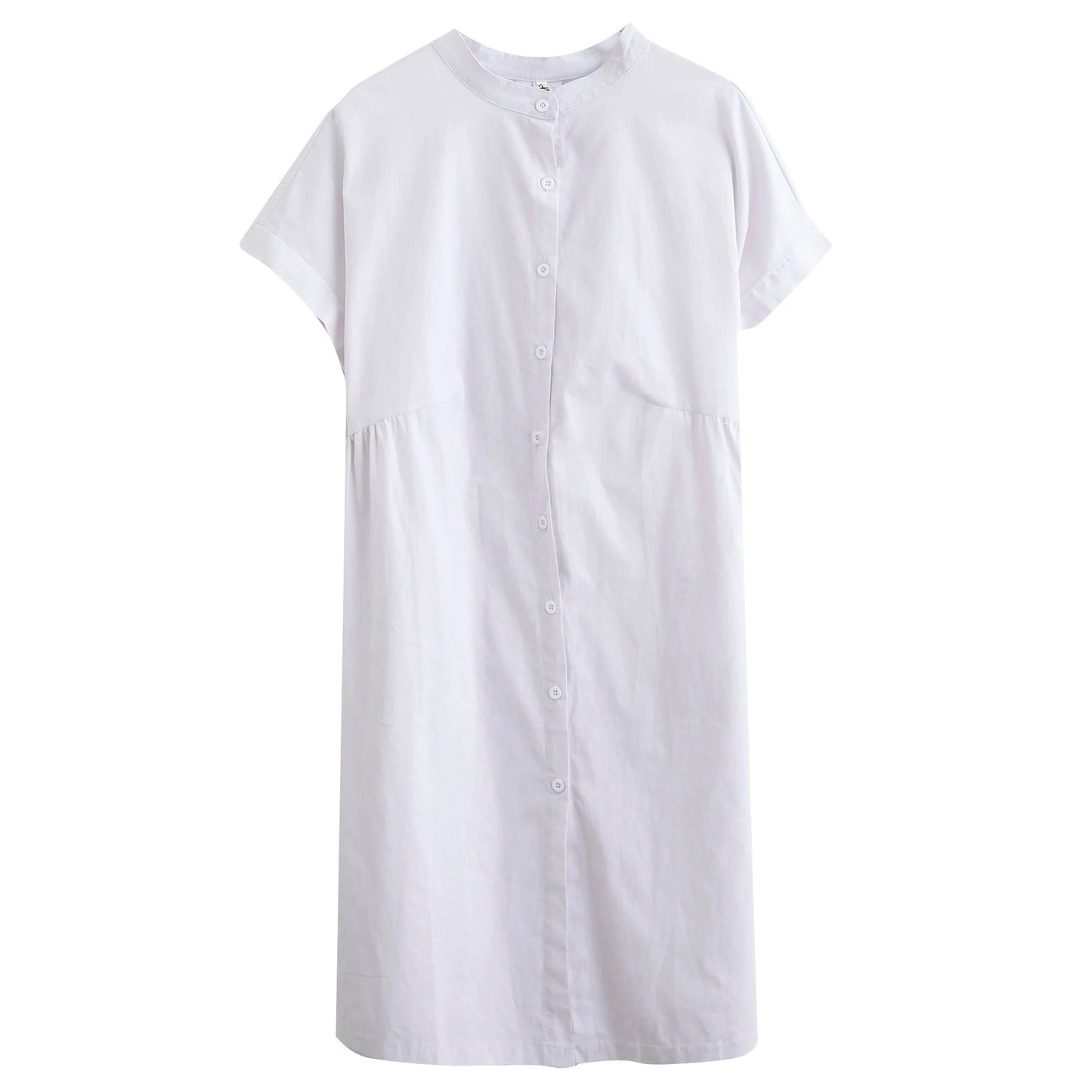 Literary loose plain cotton and linen stand collar short sleeves dress in black and white