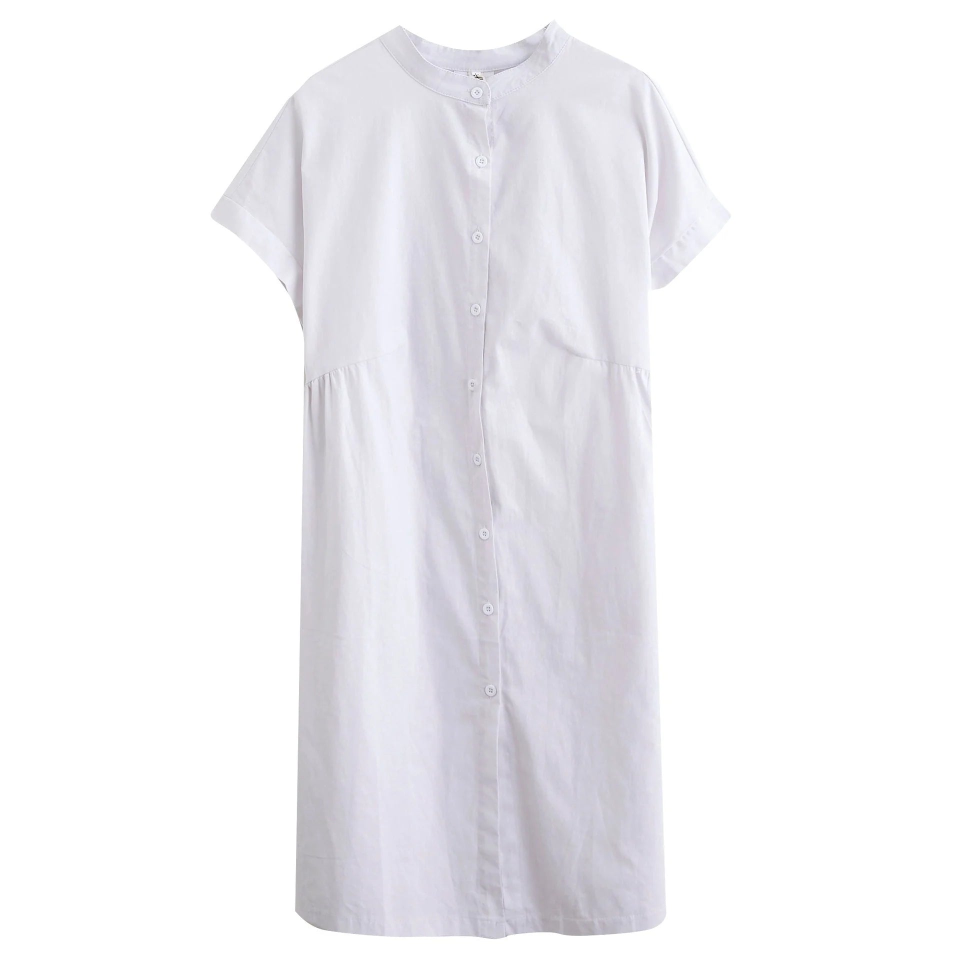 Literary loose plain cotton and linen stand collar short sleeves dress in black and white