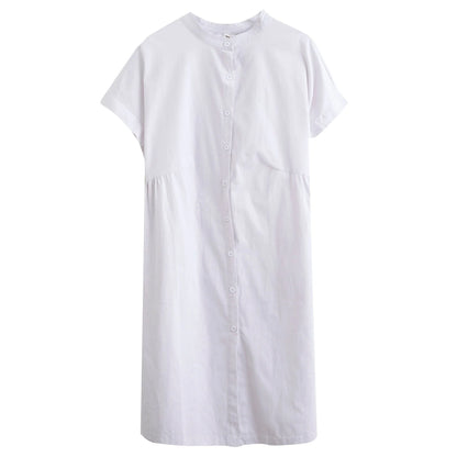 Literary loose plain cotton and linen stand collar short sleeves dress in black and white