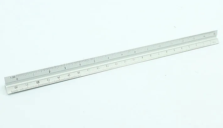 30cm silver metal architect technical triangle ruler on white background