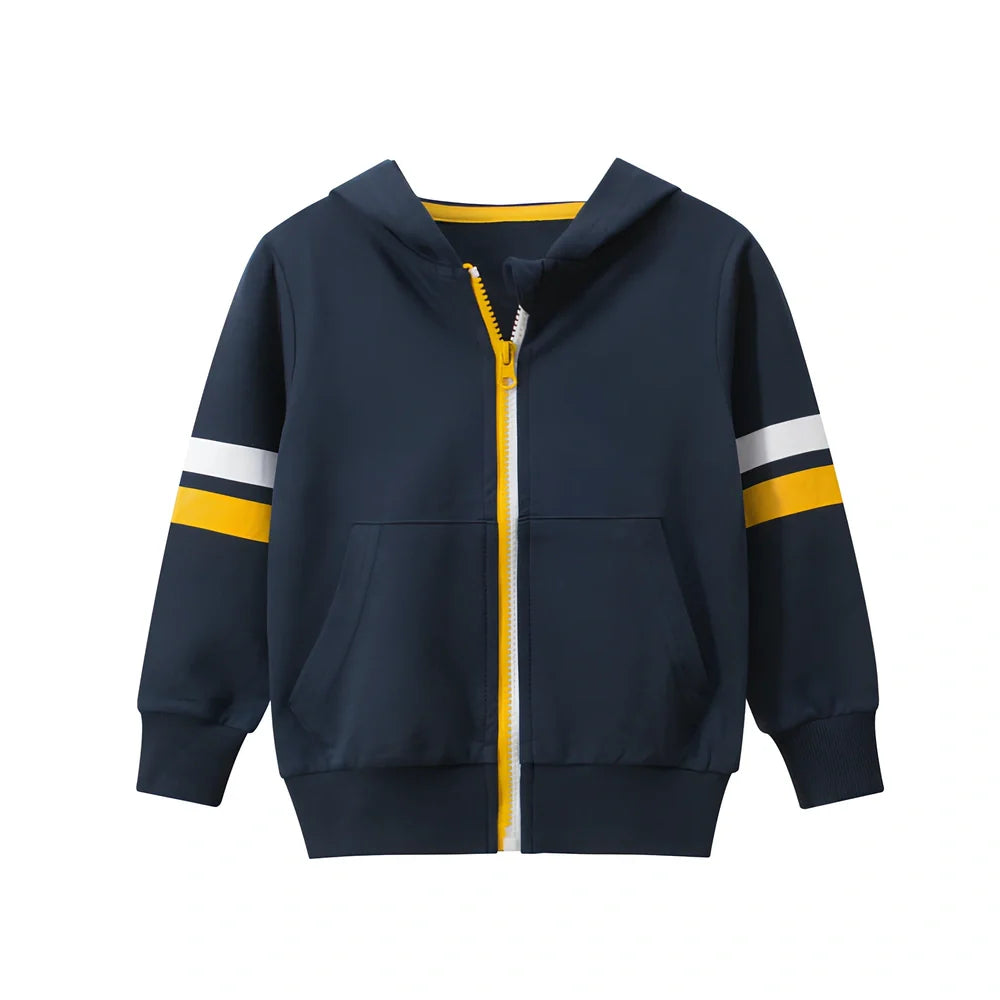 Boy's grey hooded cotton zipper sweatshirt, long sleeve, sizes 90-140cm for ages 1-9, soft fabric with rounded neck