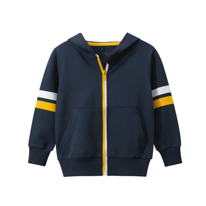 Boy's grey hooded cotton zipper sweatshirt, long sleeve, sizes 90-140cm for ages 1-9, soft fabric with rounded neck