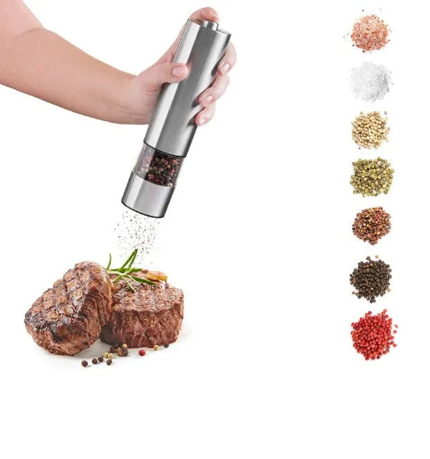 Silver electric salt and pepper grinder set stainless steel and acrylic glass 22.3cm tall