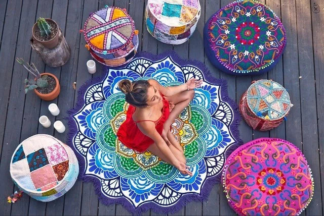 Retro ethnic tassel round bath towel yoga mat with sunshade function