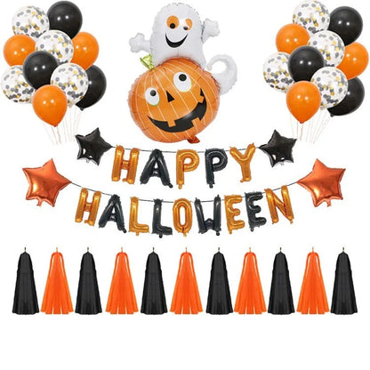 Helium-filled Halloween pumpkin balloons in various vibrant styles, perfect for decorating parties and homes