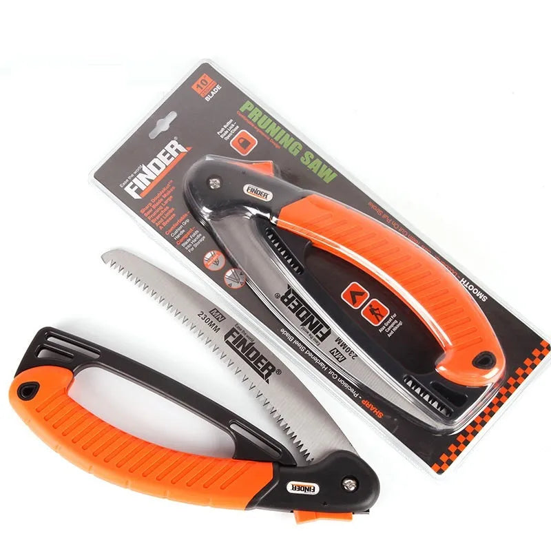 A folding garden hand saw with a black TPR grip and a 230mm steel blade, shown both open and closed.
