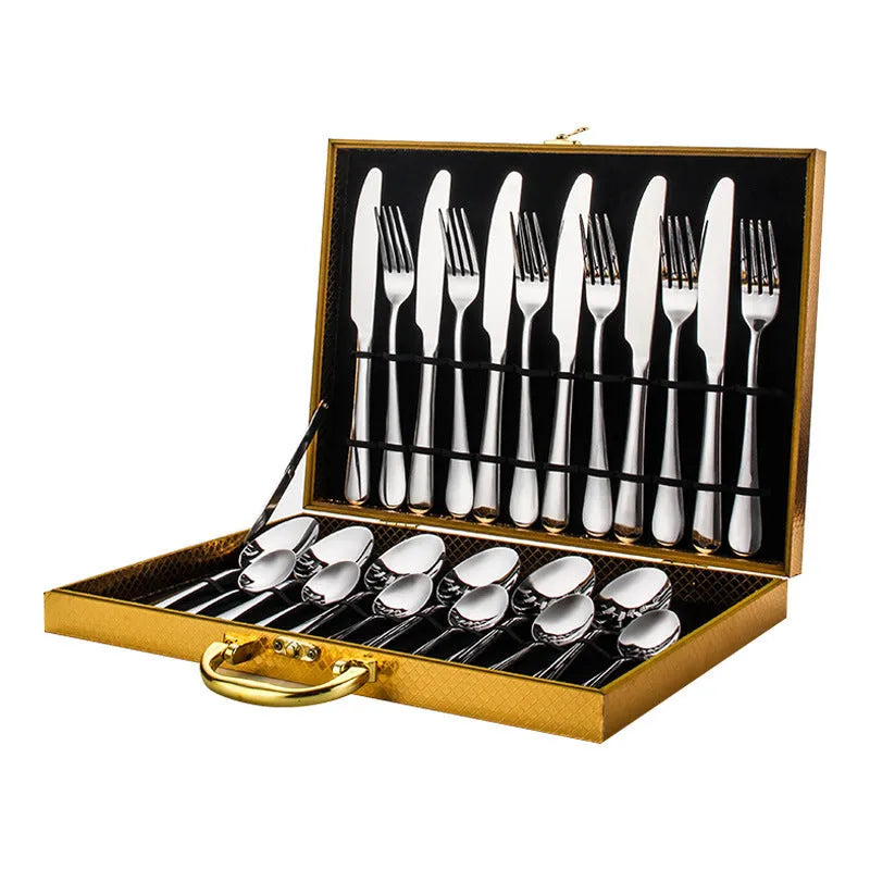 24-piece stainless steel tableware set including knives, forks and spoons in various colour options