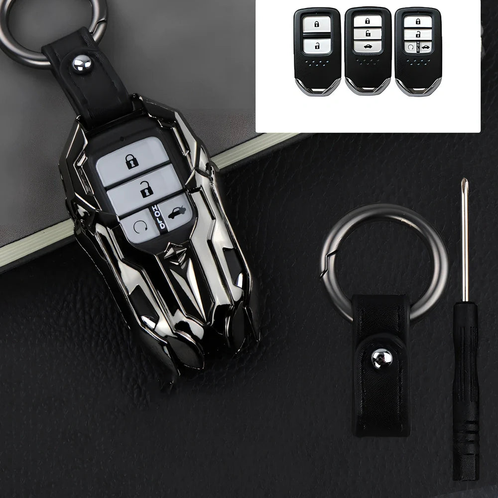 Black zinc alloy car key cover, 6 cm long, protecting fob from fading with signal-safe design