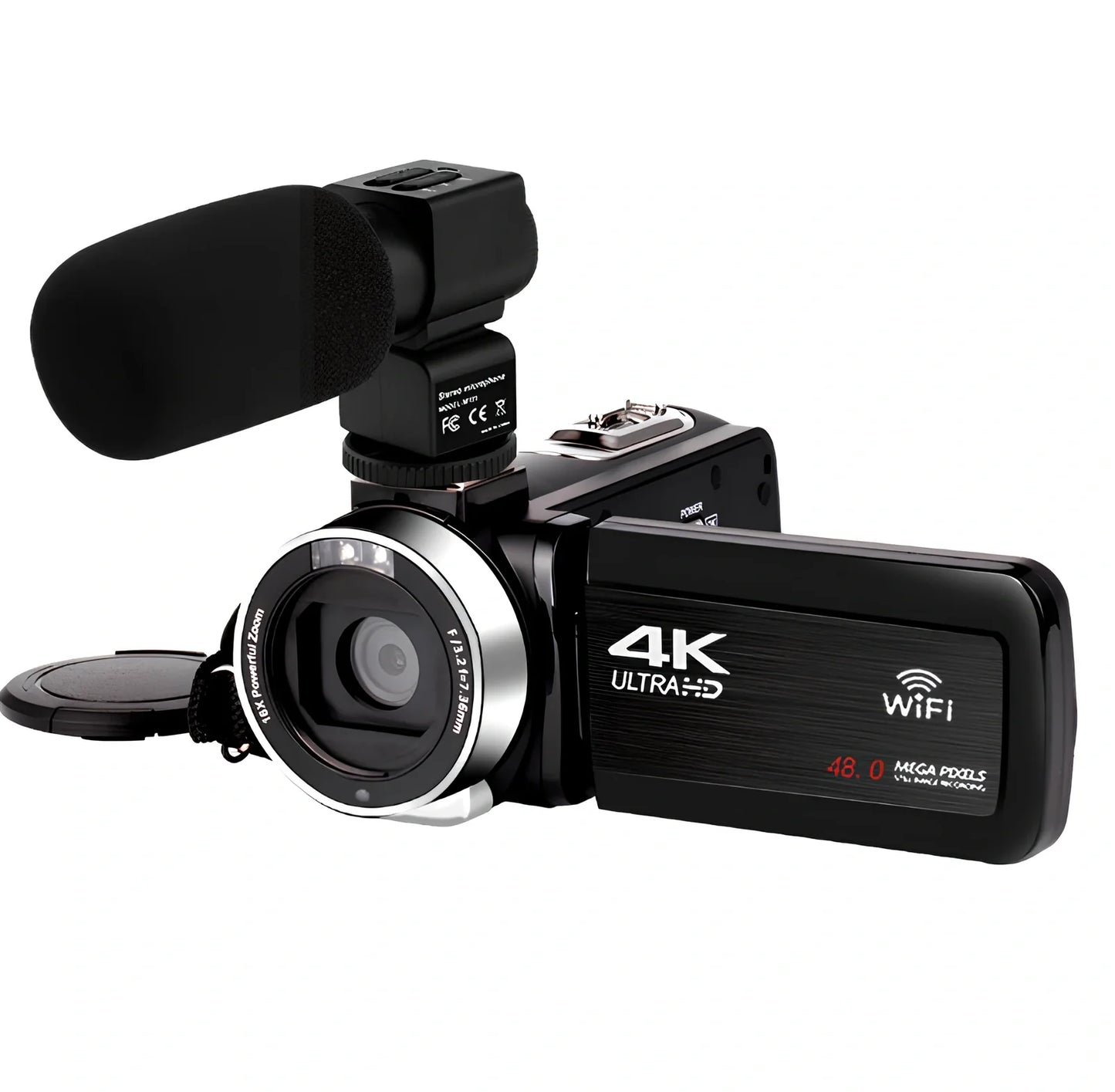 Black 3.0 inch touch screen 4K digital video camera with WiFi, remote, and 18x zoom lens