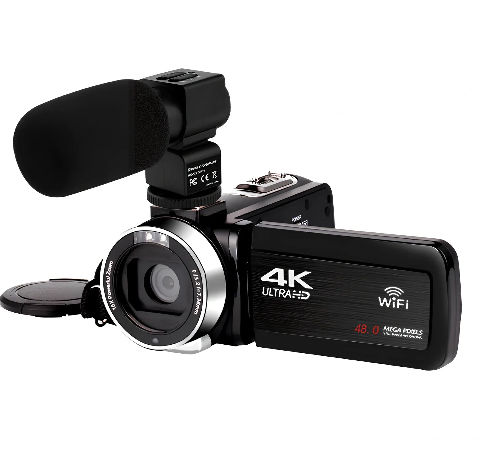 Black 3.0 inch touch screen 4K digital video camera with WiFi, remote, and 18x zoom lens