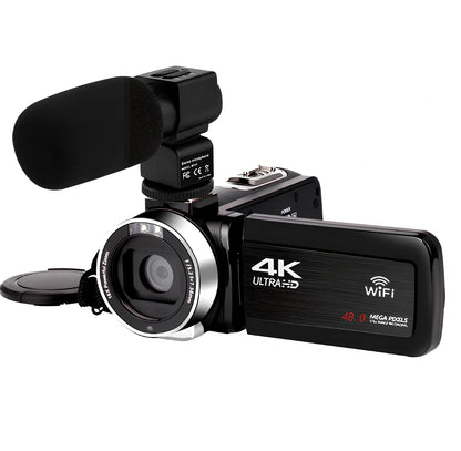 Black 3.0 inch touch screen 4K digital video camera with WiFi, remote, and 18x zoom lens