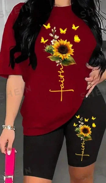 Women's sunflower printed short sleeve t-shirt and cycling shorts set in burgundy, black, or blue