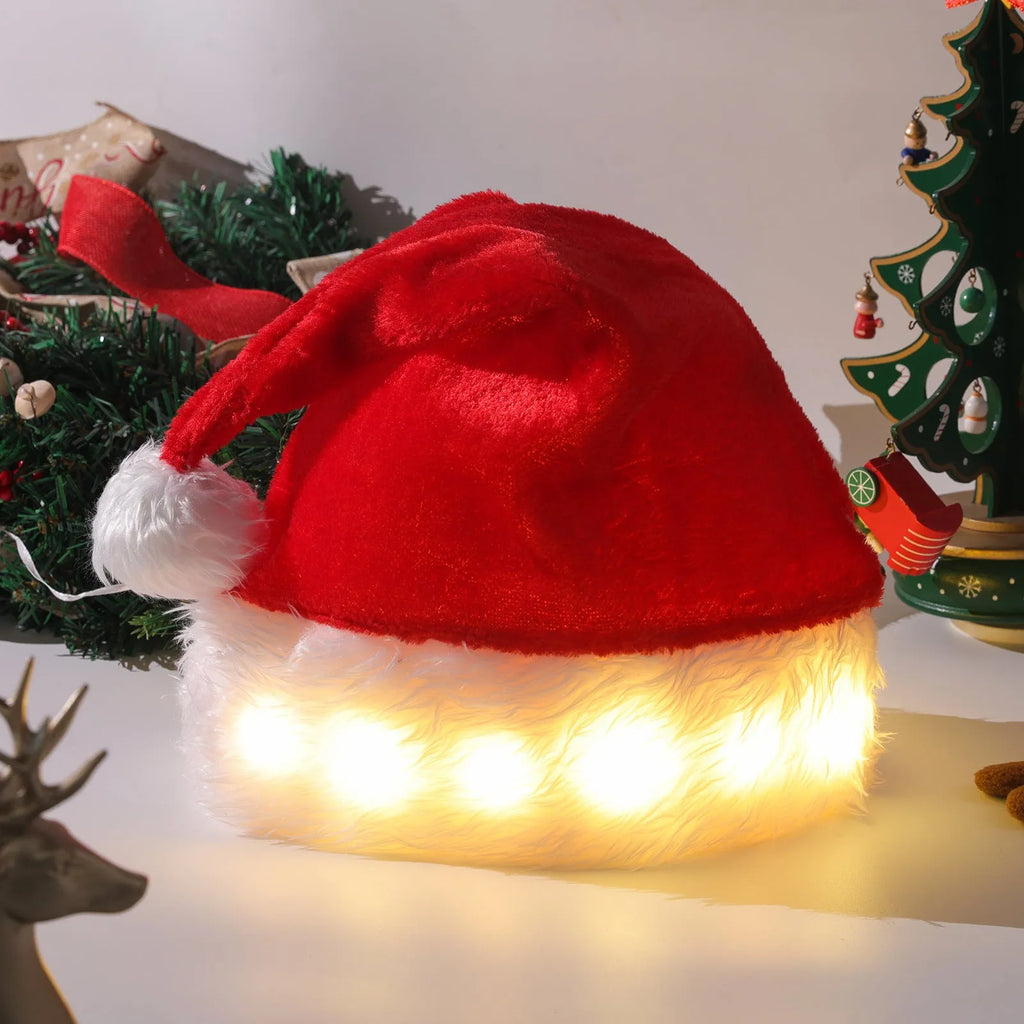 Red and white plush Santa Christmas hat with LED lights illuminated, featuring a pom-pom and stretchy spandex band.