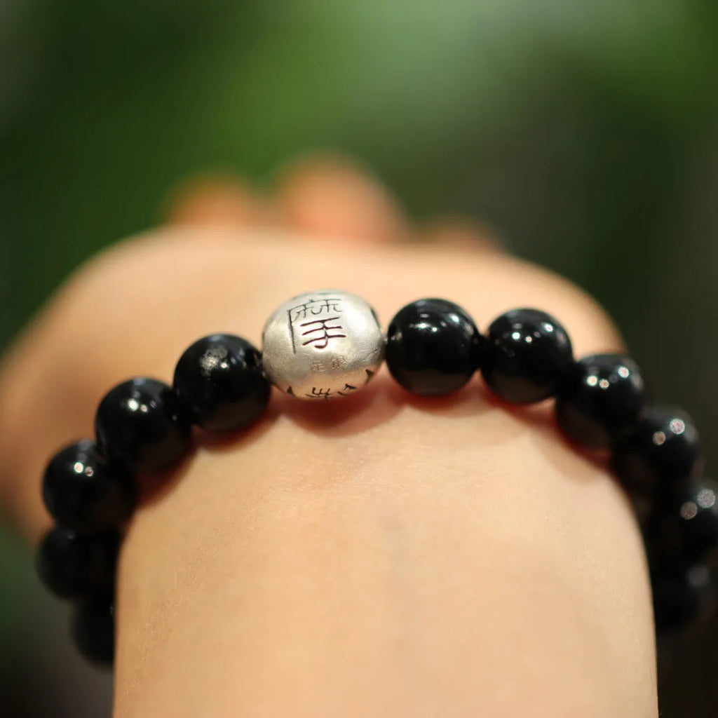 10mm black agate bracelet with sterling silver clasp in Chinese style