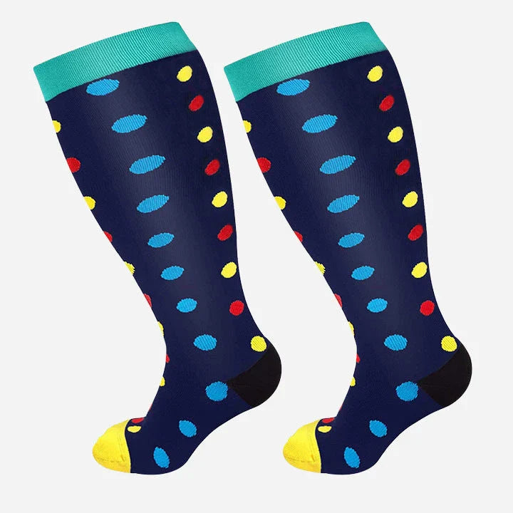 Plus-size compression socks in various stylish patterns for improved leg health and comfort