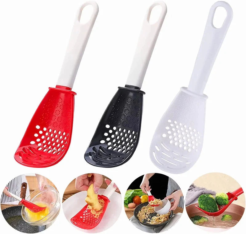 Multifunctional slotted spoon for grinding and cooking in red and black