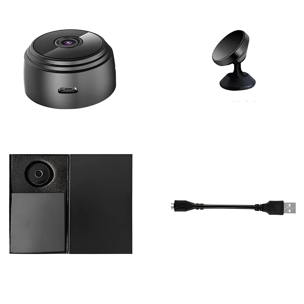 Compact white A9 WiFi sports camera with 1080P HD, infrared night vision, 45x45x50mm size, mounted on rotating bracket