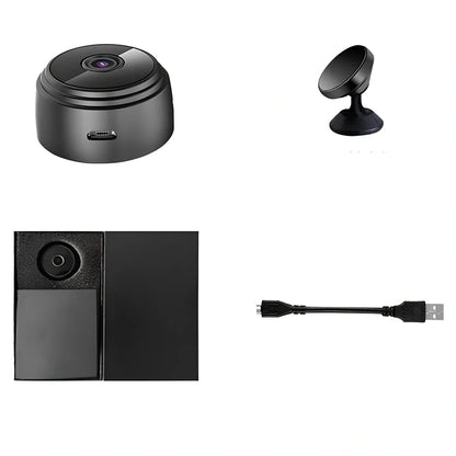 Compact white A9 WiFi sports camera with 1080P HD, infrared night vision, 45x45x50mm size, mounted on rotating bracket